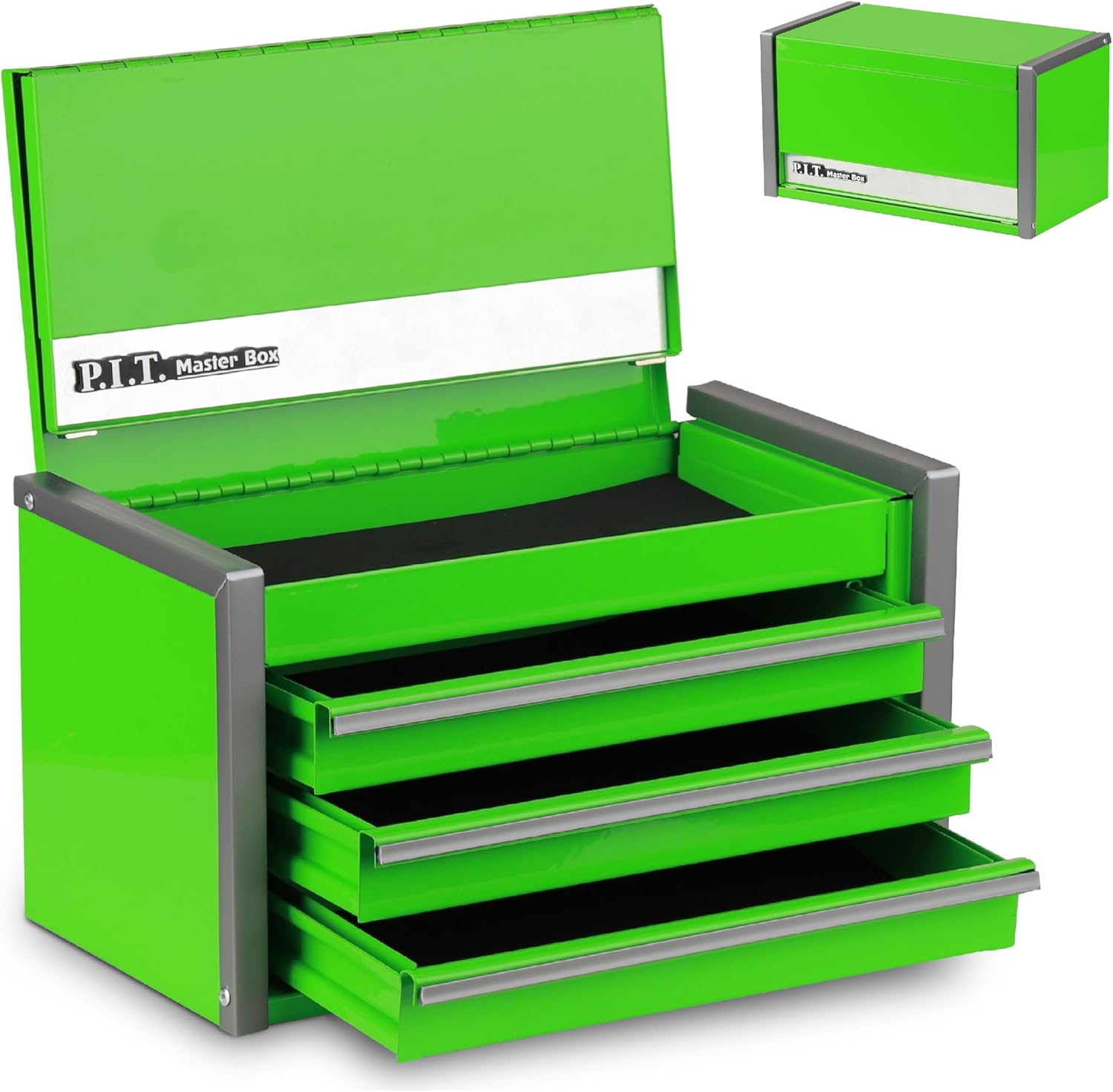 P.I.T. Mini Green Tool Box with drawers open showing compact steel construction